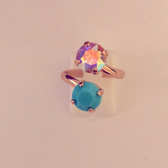 Aurora Borealis + Turquoise Rose Gold Crystal Ring - Picture 1 of 8